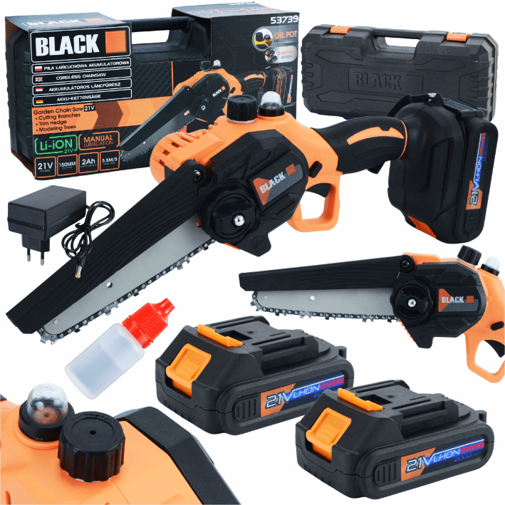 Akukettsaag 15 cm 21V 2Ah – mini kettsaag, käsitsi õlitus, 2 akut – BLACK 53739 - Ostuklikk