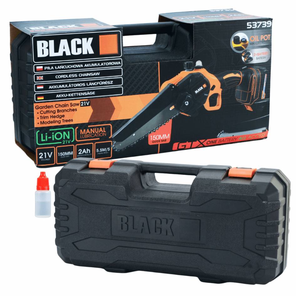 Akukettsaag 15 cm 21V 2Ah – mini kettsaag, käsitsi õlitus, 2 akut – BLACK 53739 - Ostuklikk