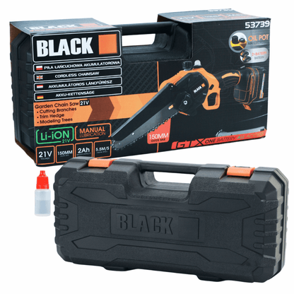 Akukettsaag 15 cm 21V 2Ah – mini kettsaag, käsitsi õlitus, 2 akut – BLACK 53739 - Ostuklikk
