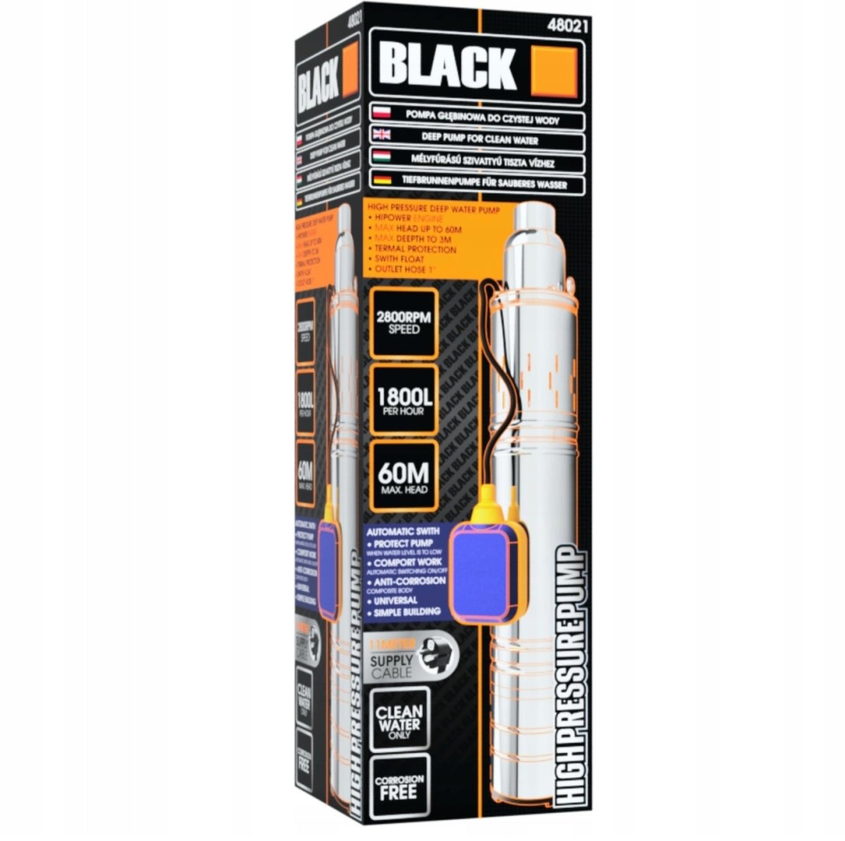 Black kõrgsurve sukelpump ujuvlülitiga 1" (puhas vesi) 1800 l/h - Ostuklikk