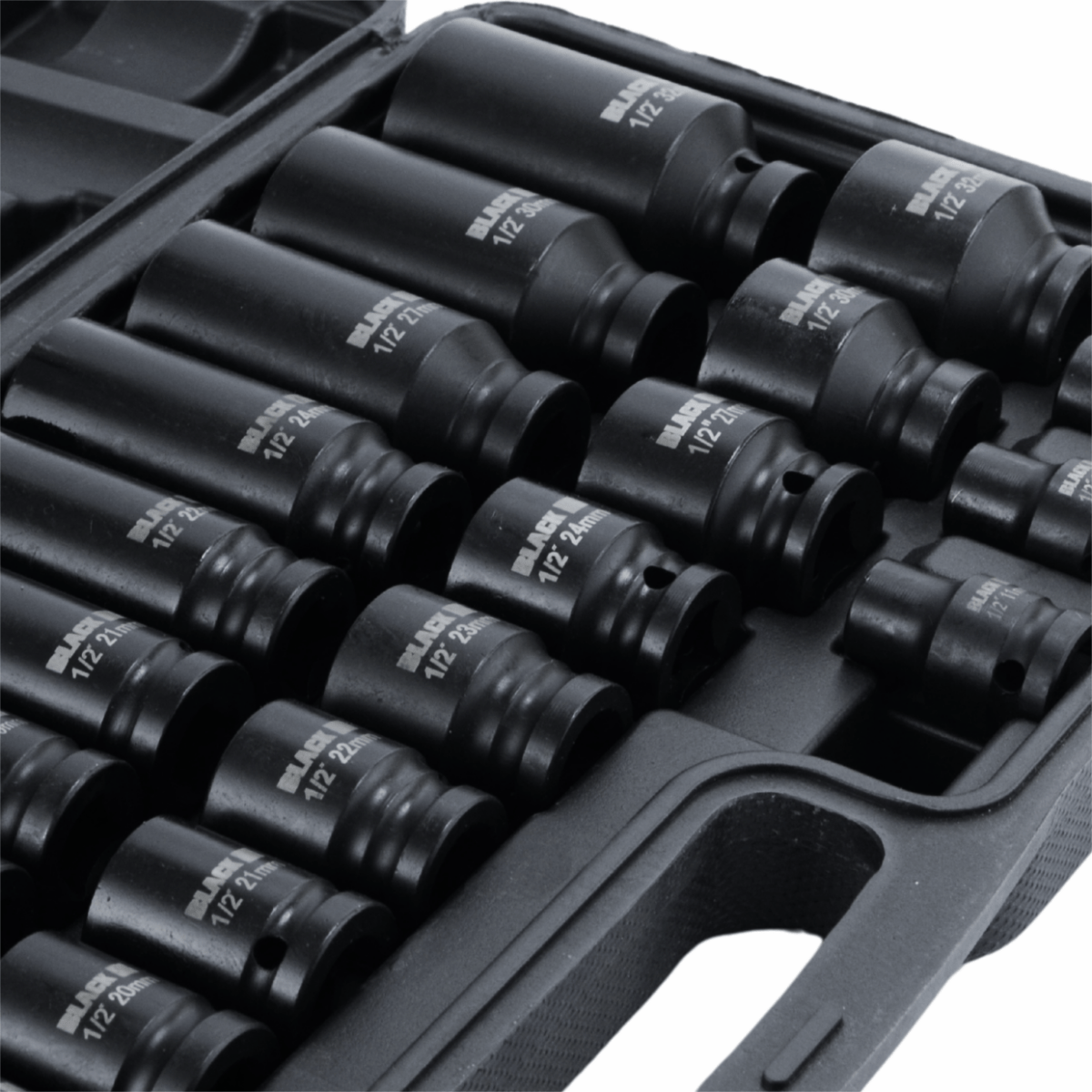 Löökpadrunikomplekt 1/2" HEX 8–32 mm (must) – 35 osa, BLACK – lühikesed ja pikad padrunid - Ostuklikk