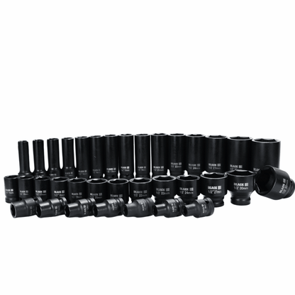 Löökpadrunikomplekt 1/2" HEX 8–32 mm (must) – 35 osa, BLACK – lühikesed ja pikad padrunid - Ostuklikk