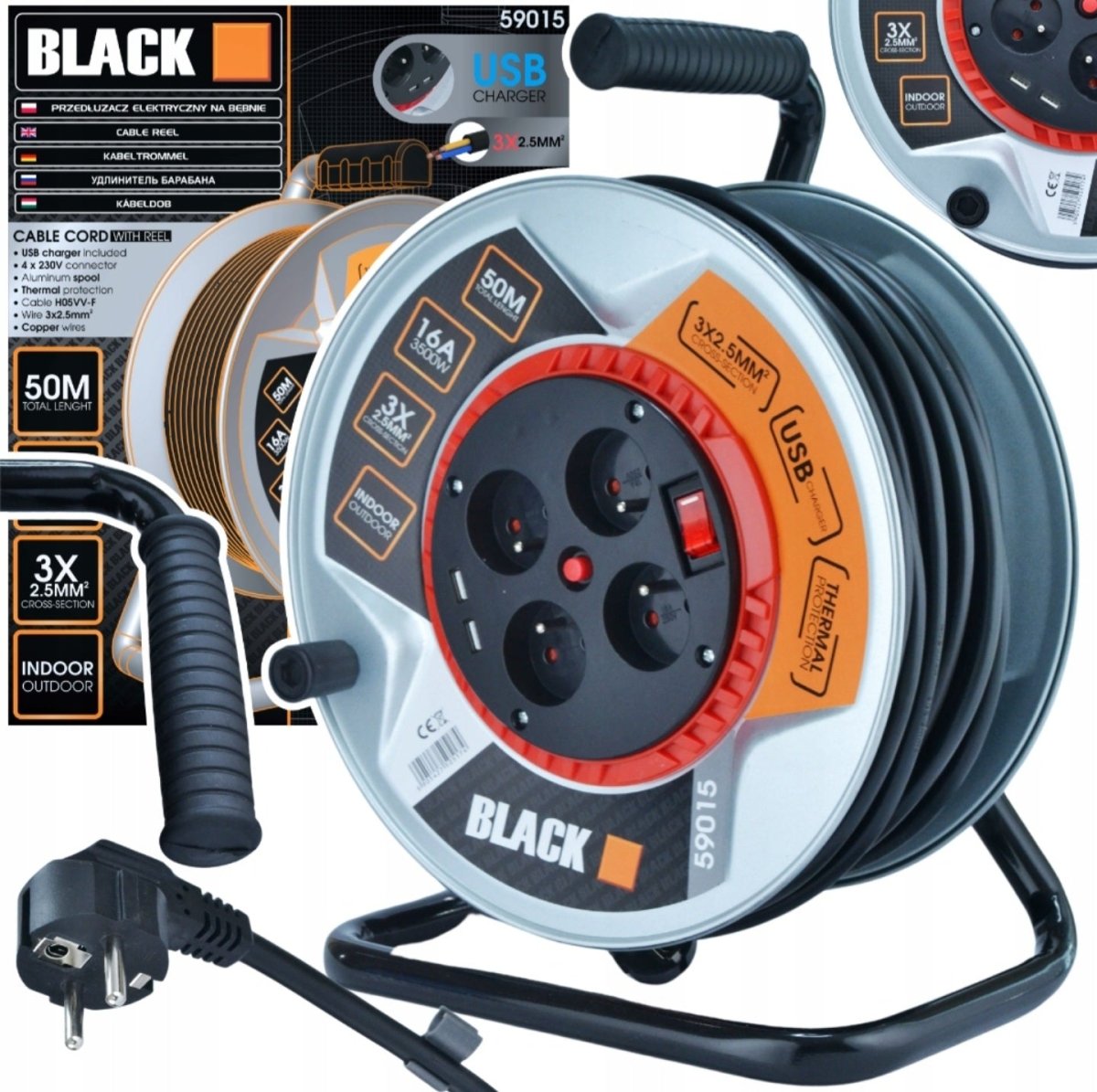 Pikendusjuhe metalltrumlil, 50 m, 3x2.5 mm², 4 pesa + USB - Ostuklikk